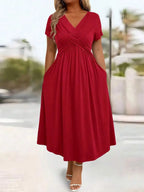 Plus Size Casual Solid V-Neck Cinched Waist A-Line Midi Dress With Pockets For Summer
