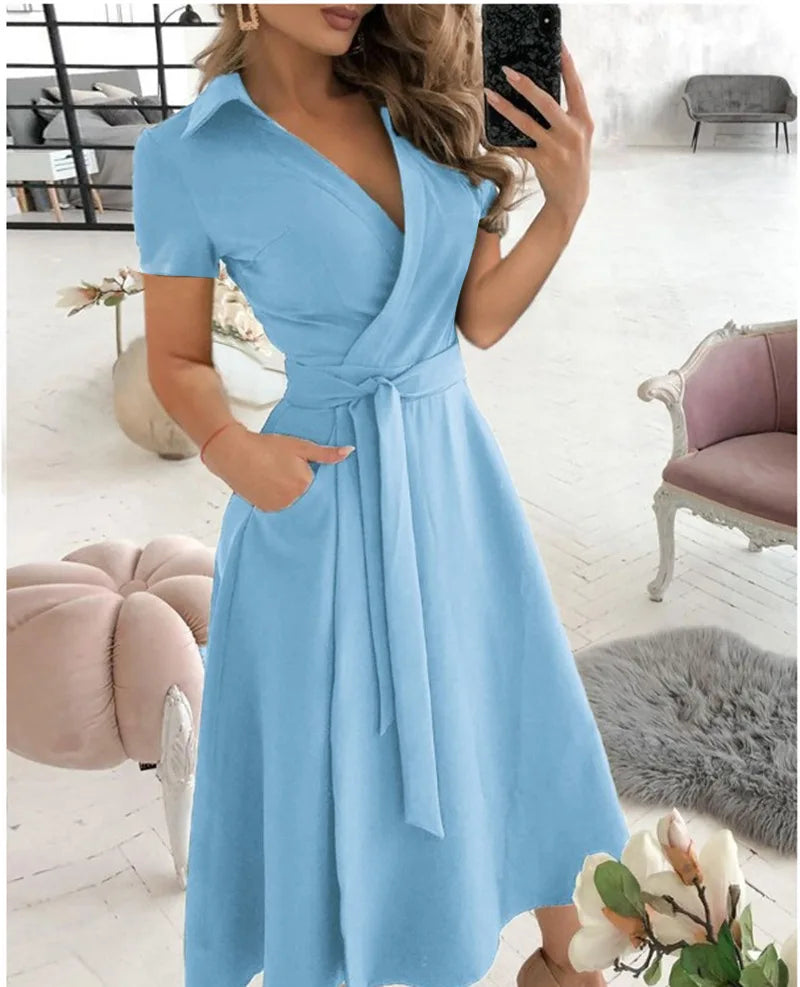 Solid Wrap Midi Dress Elegant Women Dress Mid Short Sleeve V Neck Tie Waist Pocket A-line Office Daily Summer