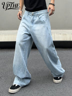 UP.THE Y2K Vintage Men's Wide Leg Loose Blue Jeans, Comfortable Versatile Baggy Denim Trousers for Office, Commute & Street Wear