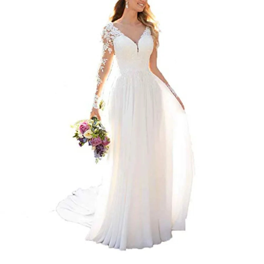 Findlovewedding Wedding Dresses for Bride with Lace Appliques Chiffon A Line Women Dress Long Sleeves Beach Bride Dress