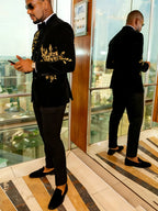 Men's Black Velvet Blazer with Gold Floral Embroidery, Slim Fit Suit Jacket for Wedding, Party, Banquet, Prom