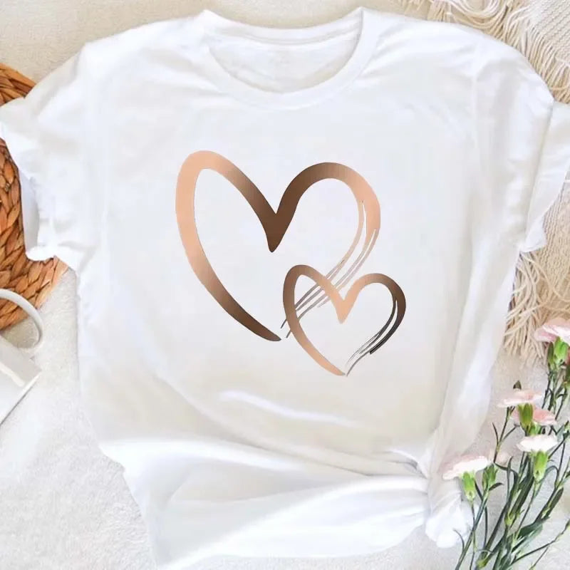 Summer New Fashion Women's Heart Printed T-shirt Trendy Casual Round Neck Top Short Sleeves Women T-shirt