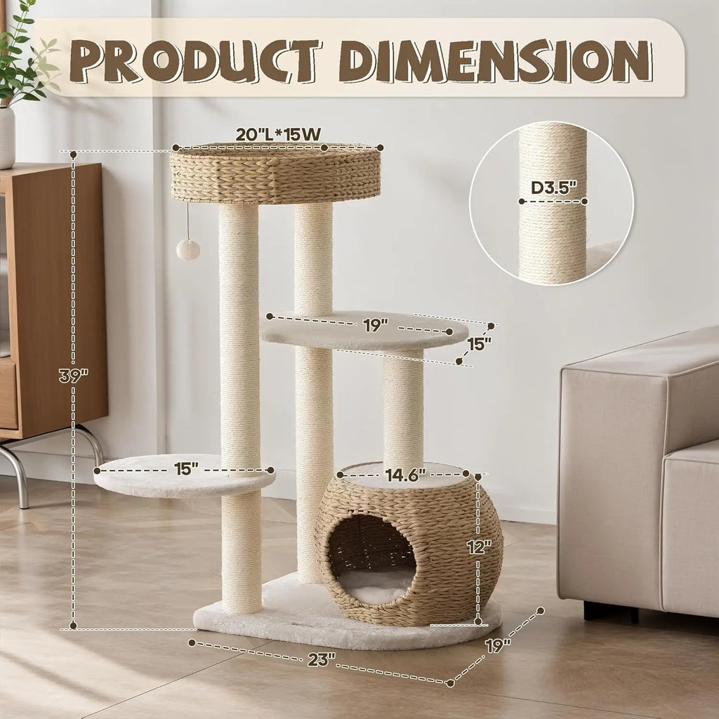 Indoor Cat Tree for Kittens, Natural Sisal, Hand - Woven Condo, 39\