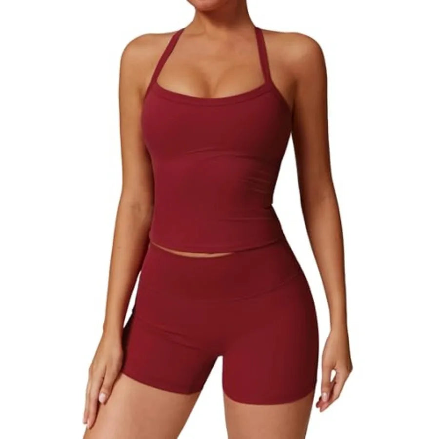 QBGJTD Two Pcs Workout Sets For Women Tank Top Matching High Waist Booty Lifting Shorts Gym Yoga Active Wear Outfits