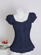 Womens Summer Solid White Ruffle Short Sleeve Blouse