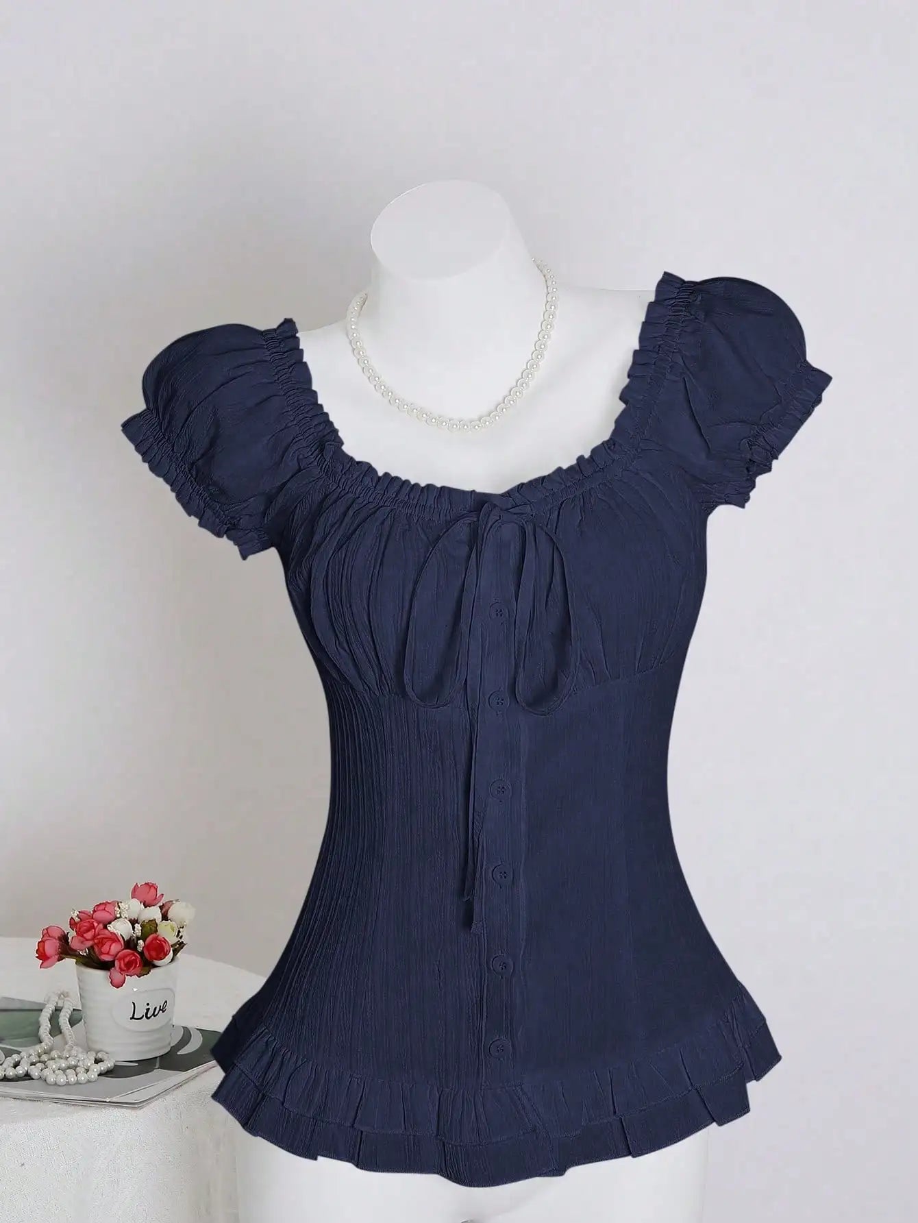 Womens Summer Solid White Ruffle Short Sleeve Blouse
