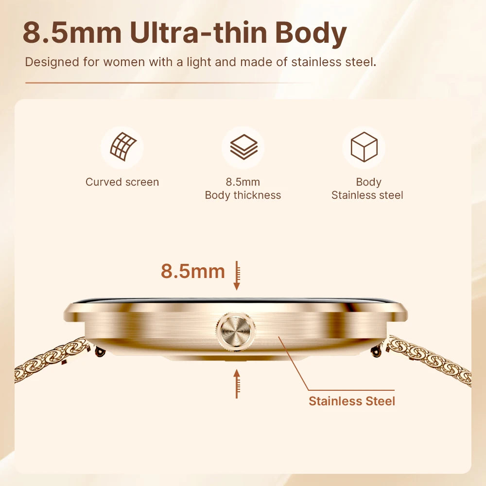 MEVADEN 8.5mm Utra-thin Stainless Steel Smartwatch 1.43 inch AMOLED Screen Women Bluetooth Call Health Monitor Sport Smart Watch