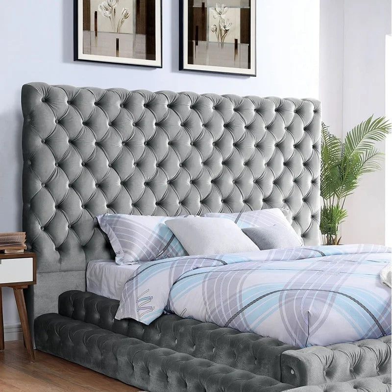 Gray King Size Platform Bed with Tufted Headboard, Modern Upholstered Frame, Contemporary Bedroom Furniture