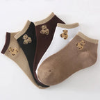 5 Pairs of Cute Teddy Bear WOMEN'S Short Socks with Shallow Mouthed Spring and Summer Casual Matching Short Tube Boat Socks