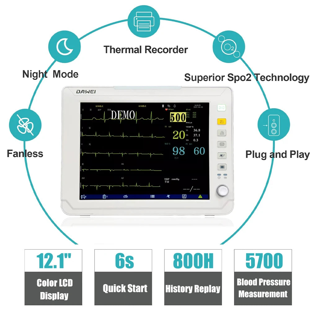 Portable Veterinary Monitor 6 Parameter, 12.1" LCD Big Screen Vet Patient for Pet Dogs Cats Animal Clinic