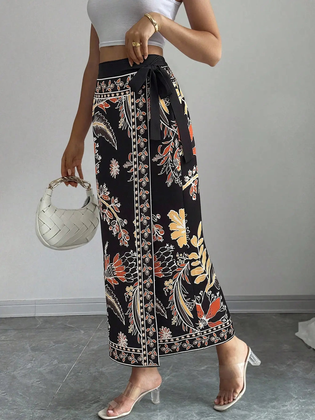 Elenzga Women's Elegant Floral Print Wrap Tie Straight Skirt, Vacation Style