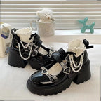 2024 Sweet Heart-Shaped Buckle Lolita Shoes Women Patent Leather Platform Mary Janes Chunky Heels Pumps