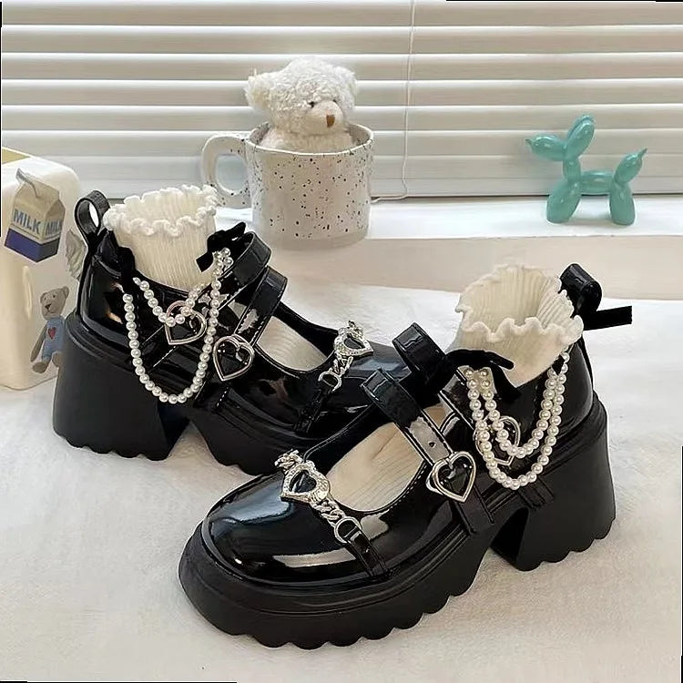2024 Sweet Heart-Shaped Buckle Lolita Shoes Women Patent Leather Platform Mary Janes Chunky Heels Pumps