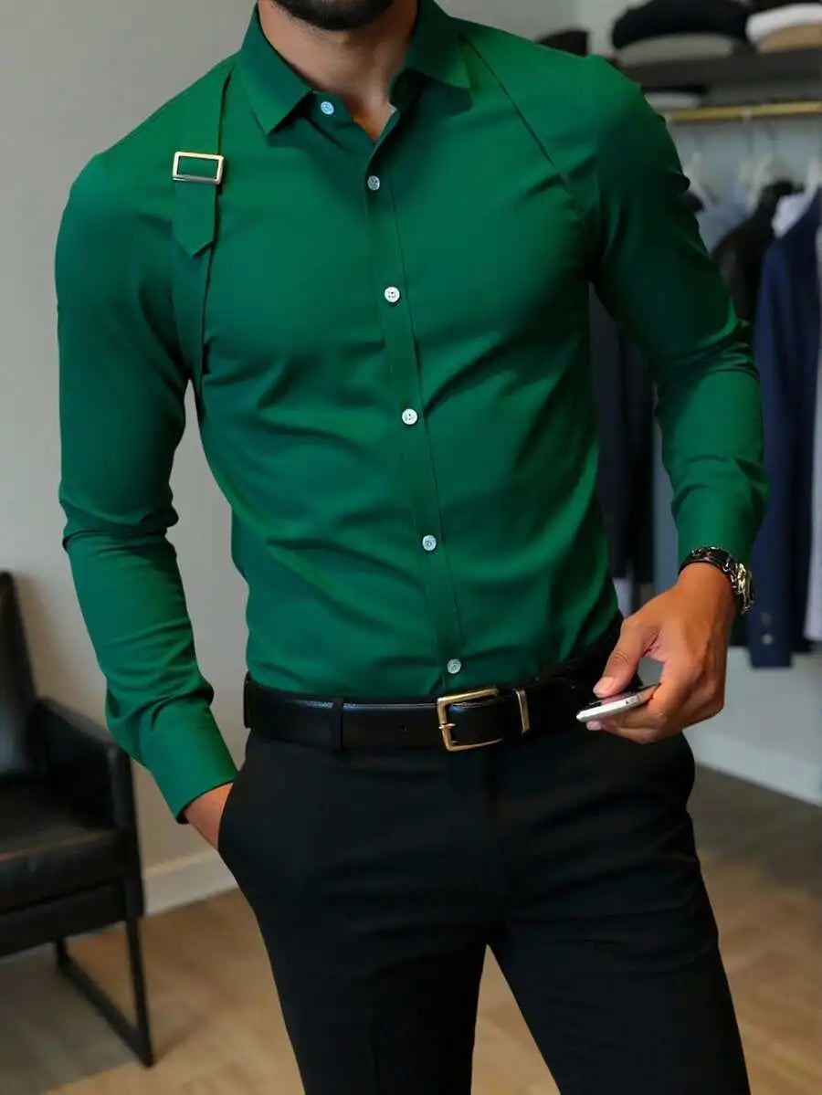 Men's Solid White Long Sleeve Shirt with Strap Detail, Slim Fit for Office or Casual Wear