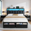 Queen Size Storage Bed Frame with Upholstered Headboard, Drawers, and Integrated Charging Station
