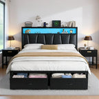 Queen Size Storage Bed Frame with Upholstered Headboard, Drawers, and Integrated Charging Station
