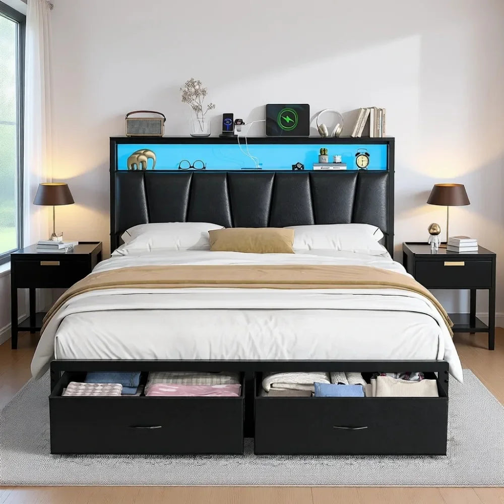 Queen Size Storage Bed Frame with Upholstered Headboard, Drawers, and Integrated Charging Station
