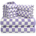 and White Towels Set of 8, Cute Checkered Towels for Bathroom Decor, 2 Bath, 2 Hand, 4 Washcloths, Cotton