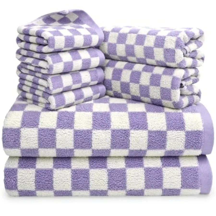 and White Towels Set of 8, Cute Checkered Towels for Bathroom Decor, 2 Bath, 2 Hand, 4 Washcloths, Cotton
