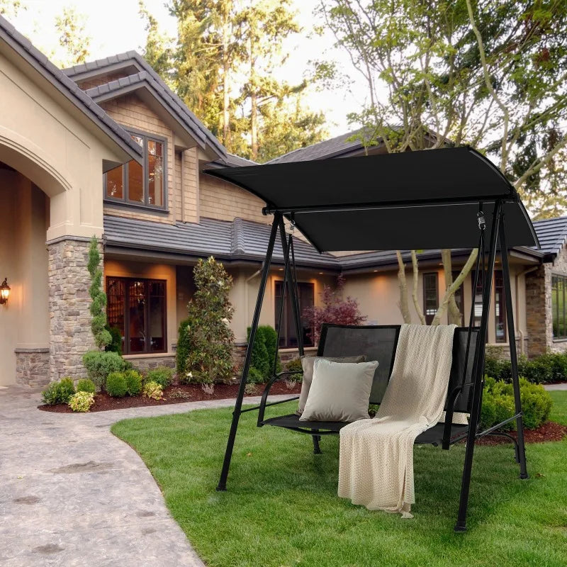 2-Seat Patio Swing Porch Swing w/ Adjustable Canopy for Garden Black Outdoor Furniture