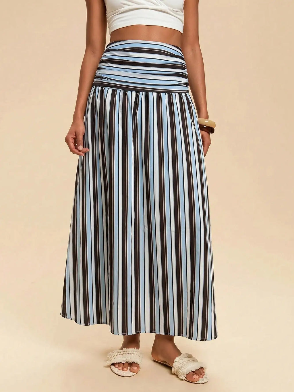 Travachic Women's Ruched Striped Casual Vacation Midi Skirt