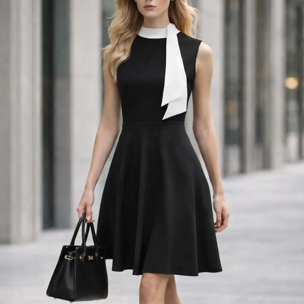 Tie A-line Midi Dress Vintage Women Dress Mid Sleeveless V Neck Waist Tie Swing Office Business Summer