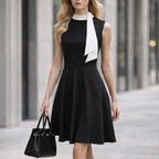 Tie A-line Midi Dress Vintage Women Dress Mid Sleeveless V Neck Waist Tie Swing Office Business Summer
