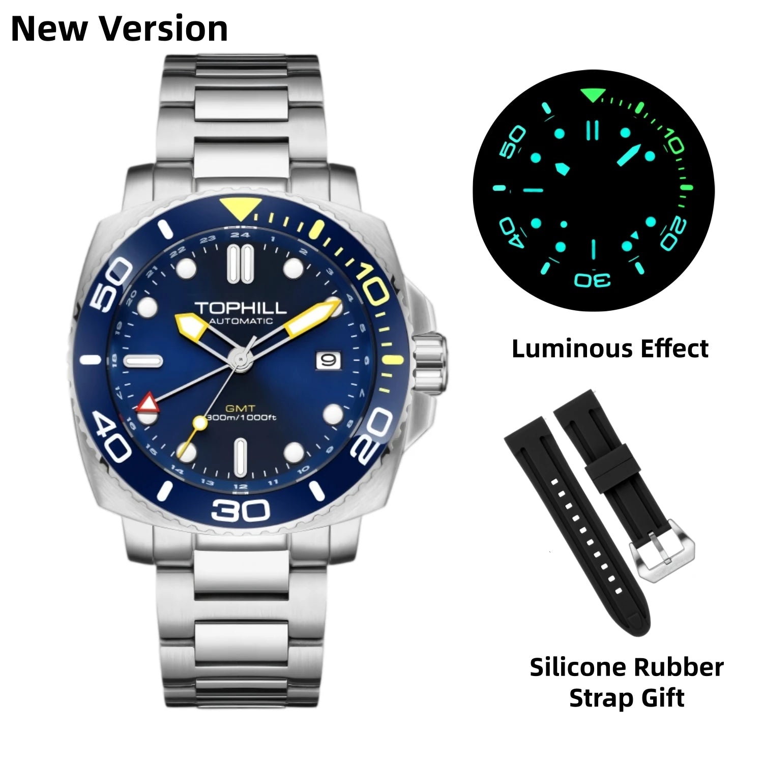 TOPHILL 43mm Men's Diving Watch NH34 GMT Automatic BGW9 C3 Luminous Quick Adjust Bracelet 300M Waterproof Sapphire Luxury TD012G
