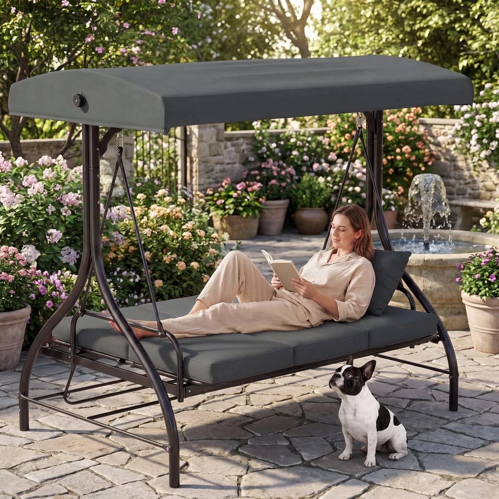 3-Seat Patio Swing,with Adjustable Canopy Backrest,Outdoor Porch Swing Chair for Adults,Outside Porch Converting Bed,Thickened Removable Cushions,Up to 750LBSfor Porch,Backyard,Courtyard,Garden,Patio,Balcony,Poolside