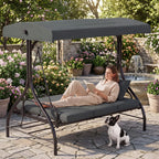 3-Seat Patio Swing,with Adjustable Canopy Backrest,Outdoor Porch Swing Chair for Adults,Outside Porch Converting Bed,Thickened Removable Cushions,Up to 750LBSfor Porch,Backyard,Courtyard,Garden,Patio,Balcony,Poolside