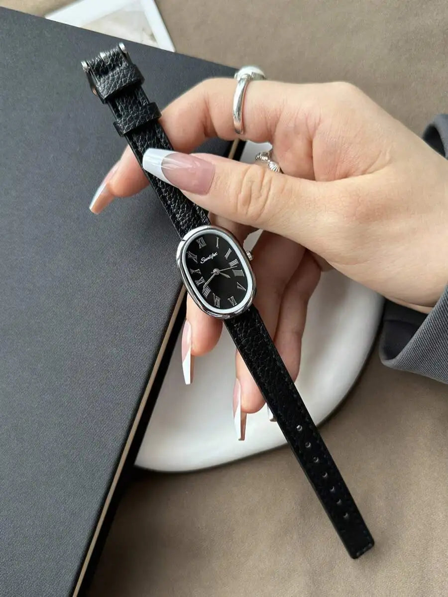 1pc Vintage Style Adjustable Strap Quartz Women's Watch, Oval Dial, Roman Numeral Markers, Compact Design, Suitable For Daily