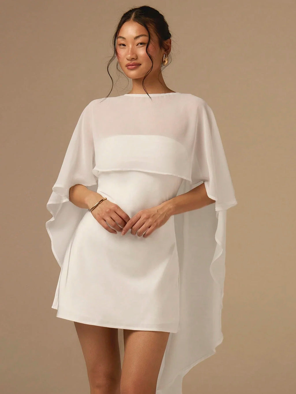 White Satin Mini Dress With Flowing Cape Shawl, Bias Cut Solid Cocktail Outfit For Wedding Party Event Vacation