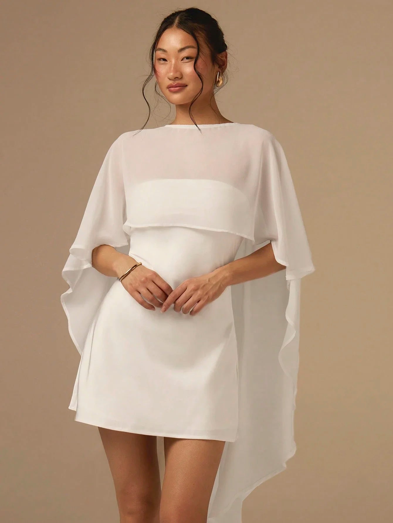 White Satin Mini Dress With Flowing Cape Shawl, Bias Cut Solid Cocktail Outfit For Wedding Party Event Vacation