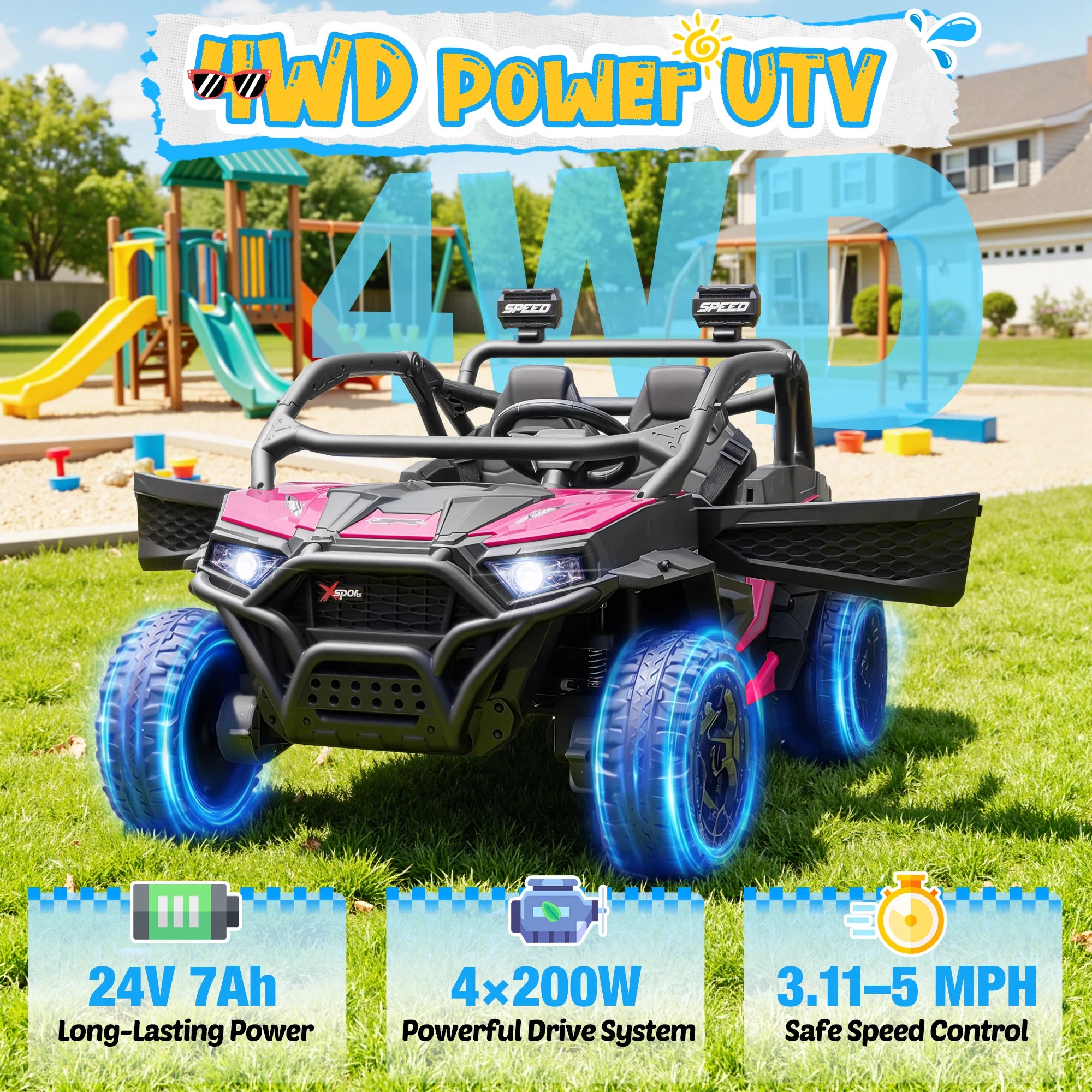 Joyracer 24V 4WD Kids Ride-On UTV, 4-Wheel Shock Absorption, Key Start, Slow Start, Music And LED Lights, 60-80 Mins Ride Time