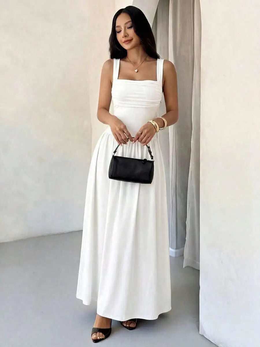 Womens Elegant White Square Collar Sleeveless Maxi Dress With Shirred Body