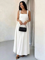 Womens Elegant White Square Collar Sleeveless Maxi Dress With Shirred Body