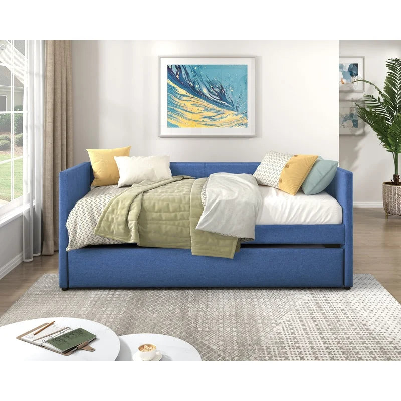 1pc Modern Blue Fabric Daybed with Wooden Frame and Trundle Storage