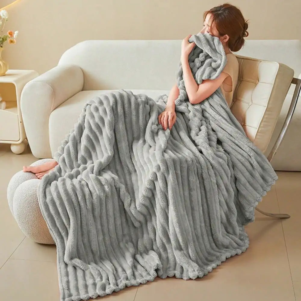 1PC Double-Sided Faux Rabbit Fur Blanket, Luxury Striped Flannel Throw, Soft Warm Polyester Bed Cover, Multi-use for Nap Office Camping Sofa, Ideal Christmas Gift