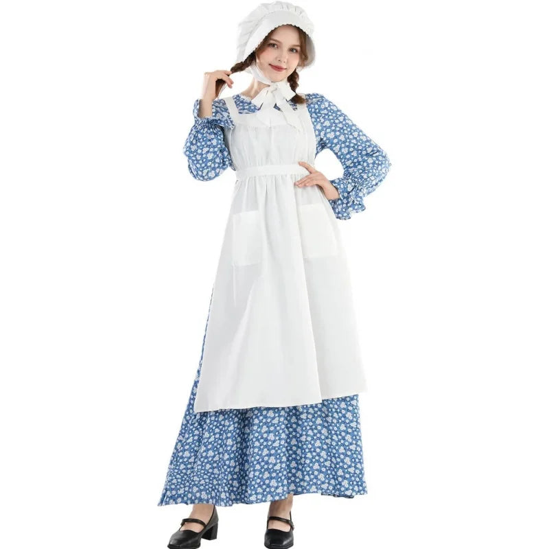 Pioneer Dress Women Prairie Dress with Bonnet Adult Long Colonial Costume