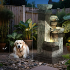 33.5" Outdoor Water Fountain, 4-Tier Floor Standing Resin Cascading Bowls Waterfall Fountain with LED Lights, Pump