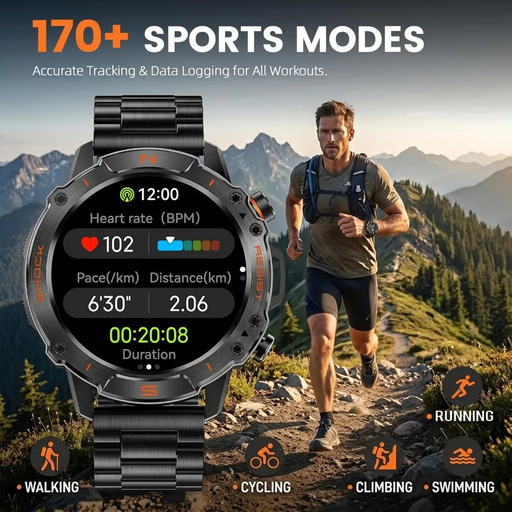 Rugged Smartwatch for Men: Waterproof, 170+ Modes, Fitness Tracker with Metal Band