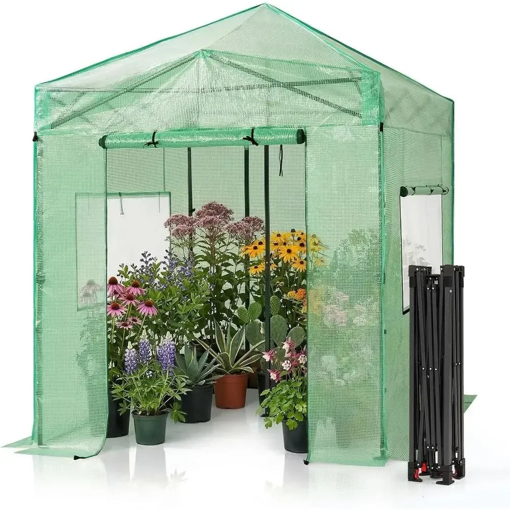 Portable 8x6 Greenhouse for Outdoor Gardening with Steel Frame, PE Cover, Roll-Up Door, and Mesh Vent Windows - Green