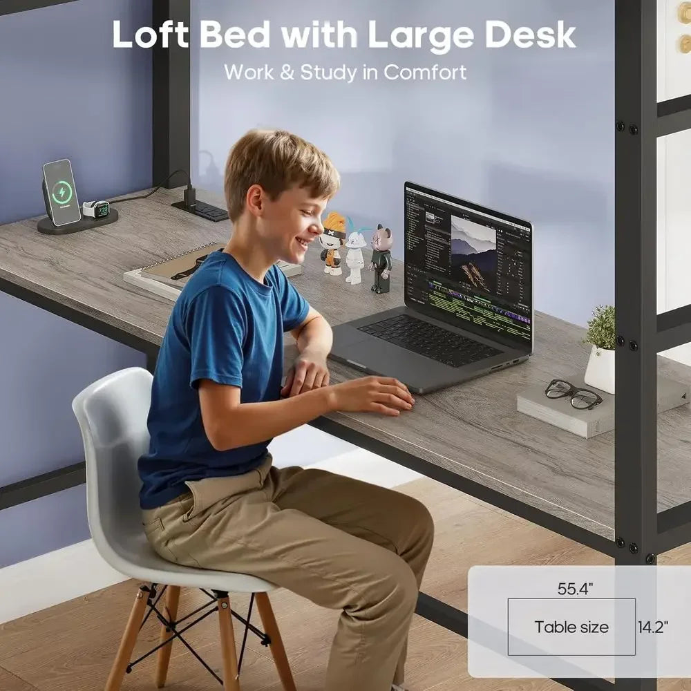 Grey Metal Loft Bed with Desk, 8 Drawers, LED Lights, Power Outlet, Shelves, and Clothing Rack