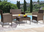4-Piece Outdoor Rattan Patio Furniture Set, Brown PE Wicker Conversation Set With Cushions& Glass Coffee Table, Perfect For Backyard, Balcony, Poolside