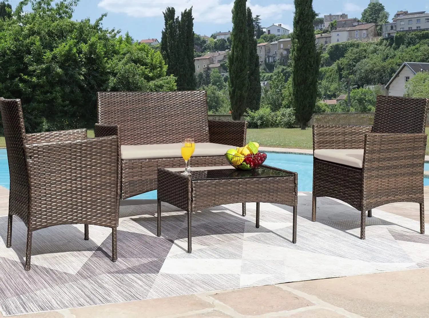4-Piece Outdoor Rattan Patio Furniture Set, Brown PE Wicker Conversation Set With Cushions& Glass Coffee Table, Perfect For Backyard, Balcony, Poolside
