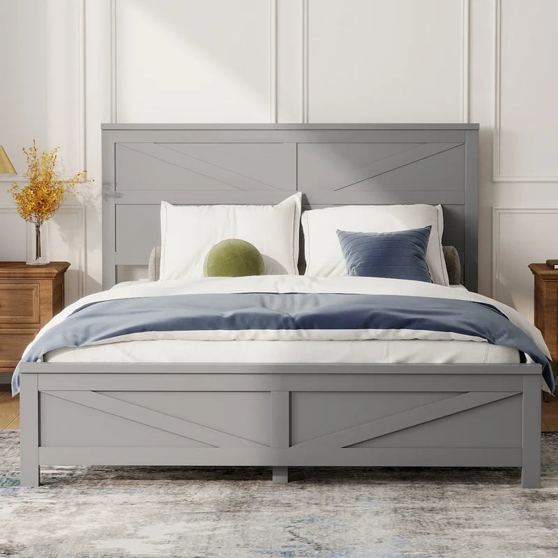 Farmhouse Queen Bed with Barn Door Headboard and Footboard, Pinewood Frame, Grey