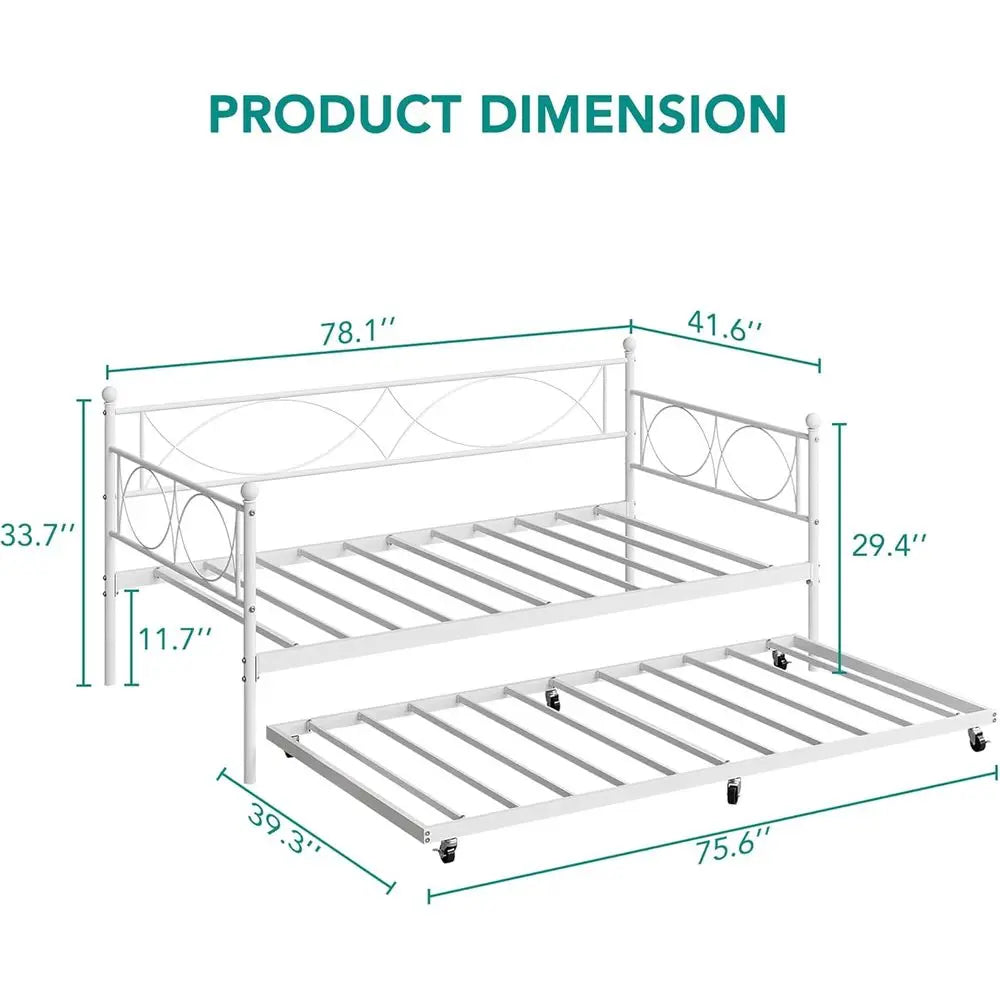 Modern White Twin Daybed with Trundle and Metal Frame, Multifunctional Bedroom Daybed Sofa Bed with Steel Slat Support