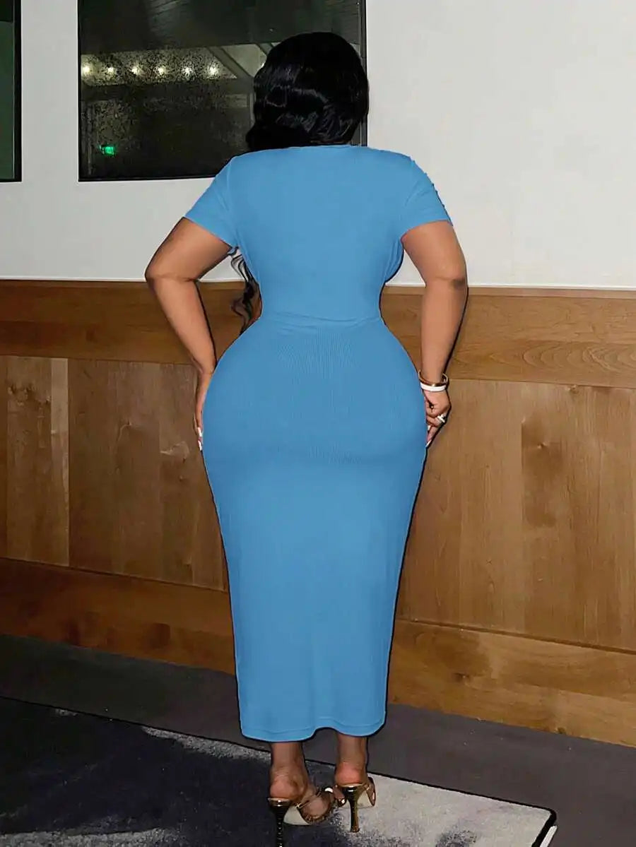 Women Plus Size V-Neck Short Sleeve Bodycon Midi Dress