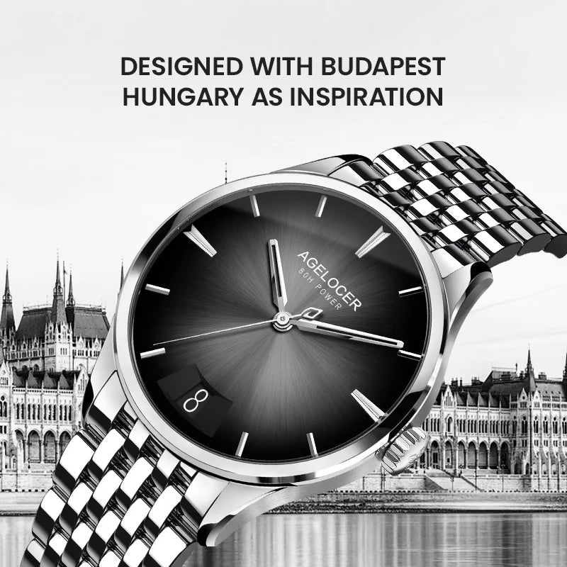 AGELOCER Original Budapest Watch Men's Luxury Gold Watch Big Calendar Automatic Mechanical Watch Birthday Gift for Men