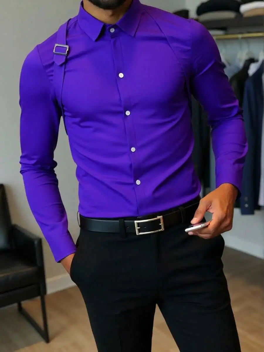 Men's Solid White Long Sleeve Shirt with Strap Detail, Slim Fit for Office or Casual Wear